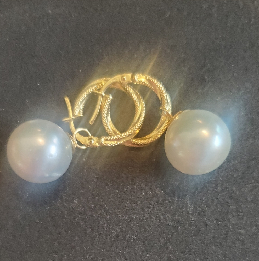 South Pacific White Pearls 1/2" 18 K Hoop Earrings
